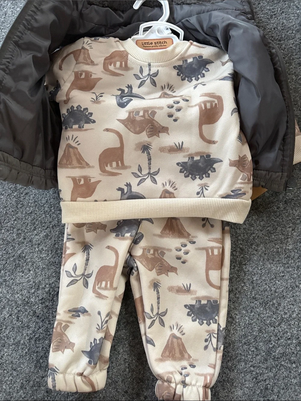NEW! Little Stitch - Dino Print Three-Piece Outfit - Taupe & Cream - 3 months